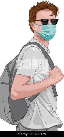 Young man in gray clothes and blue facial mask. Wearing backpack. Travelling during corona virus pandemic. Vector Stock Vector