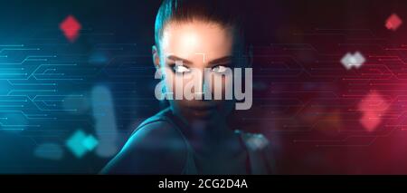 Hi-Tech Human Recognition. Face Scanning Interface Over Portrait Of Young Woman Stock Photo