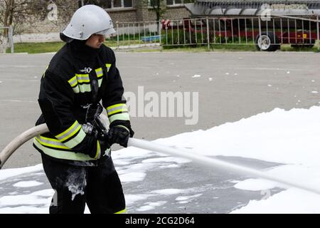 04 24 2019. Divnoye, Stavropol Territory, Russia. Demonstrations of rescuers and firefighters of the local fire department in the agrotechnical school Stock Photo