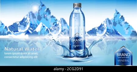 Bottle of mineral natural water with place for text in center of a water splash. Snowy mountains in back. Product placement. 3D mockup. Vector Stock Vector