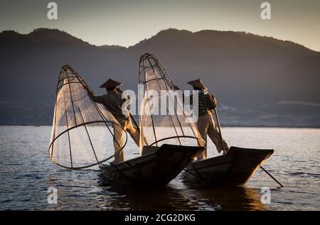 Lake, Inle, Myanmar, 17th November 2014: lake Inle fishermen fishing in early ours of a day during surise