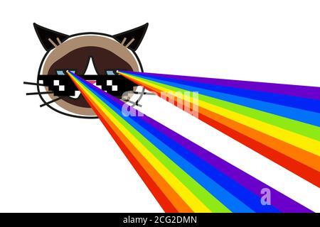 Grumpy cat in pixel glasses with rainbow lasers Stock Vector