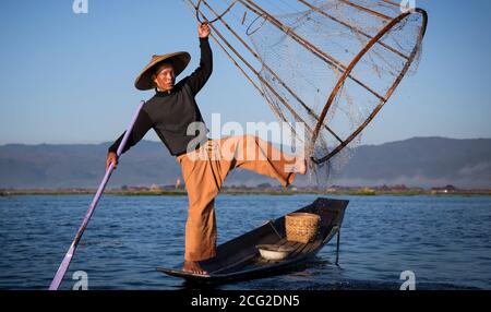 Lake, Inle, Myanmar, 17th November 2014: lake Inle fishermen fishing in early ours of a day during surise