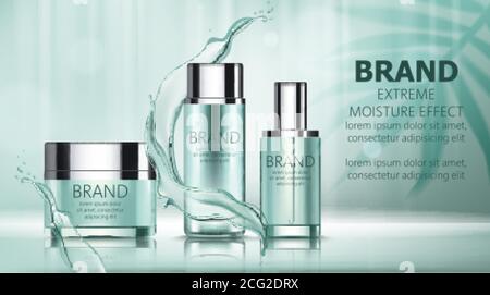 Set of two bottles and a box with cosmetics with place for text surrounded by water lines. Extreme moisture effect. Product placement. 3D mockup. Vect Stock Vector