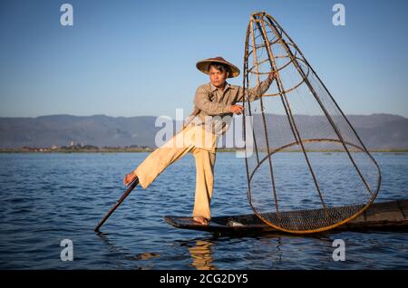 Lake, Inle, Myanmar, 17th November 2014: lake Inle fishermen fishing in early ours of a day during surise