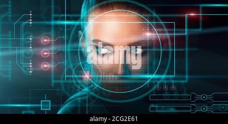 Facial recognition concept. Computer system scanning face of beautiful female, creative collage Stock Photo
