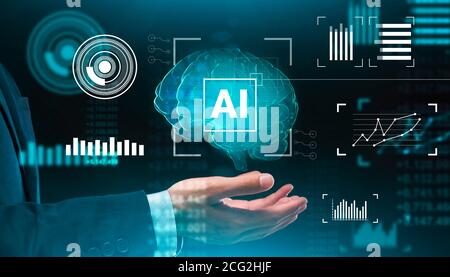 Creative Colage Of Businessman Holding Digital 3D Brain With AI Lettering Stock Photo