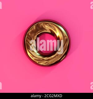 Three-dimensional abstraction, digital background. Gold toroid with creases on the surface, pink background. Modern design, 3D generated image. Stock Photo