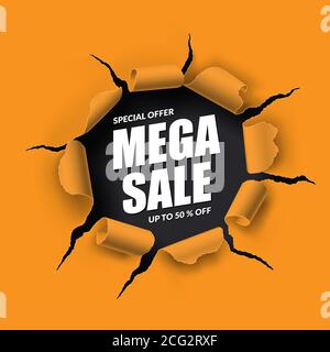 Mega Sale banner in the form of torn hole with ripped edges in the sheet of paper. Vector background with place for text Stock Vector