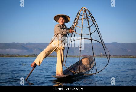 Lake, Inle, Myanmar, 17th November 2014: lake Inle fishermen fishing in early ours of a day during surise
