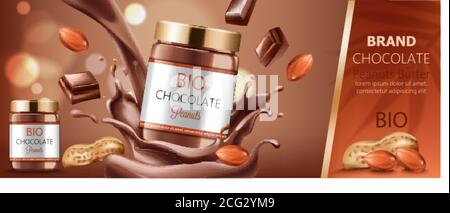 Two jars filled with peanut chocolate surrounded by nuts and splashes. Bio. With place for text. Realistic. 3D Mockup Vector Stock Vector