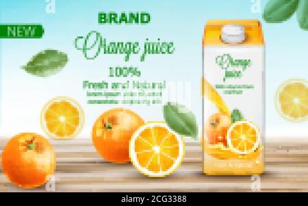 Carton box with orange juice surrounded by citruses and leaves. Fresh and natural vitamin from real fruit. 3D mockup with product placement. Realistic Stock Vector