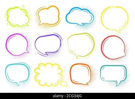 Comic speech bubble set. Colored pop art line doodle bubbles. Cartoon empty text clouds with halftone dot shadow. Different shapes blank comics message balloon template. Isolated vector illustration Stock Vector