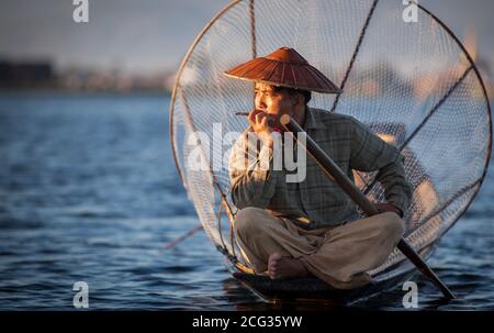 Lake, Inle, Myanmar, 17th November 2014: lake Inle fishermen fishing in early ours of a day during surise
