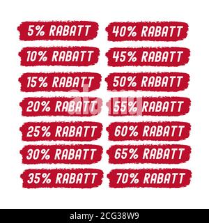 .Hand sketched word RABATT in German. Translated Discount. Hand sketched sale tags set 5 off, 10, 20, 30, 40, 50, 60, 70 percent label Stock Vector