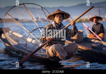 Lake, Inle, Myanmar, 17th November 2014: lake Inle fishermen fishing in early ours of a day during surise