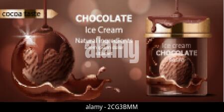 Realistic box and a ball of chocolate ice cream. Brown liquid pouring from top and splashing around. 3D mockup with product placement. Vector Stock Vector