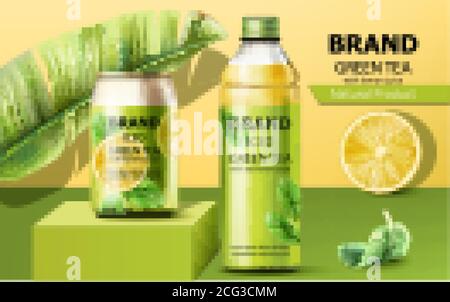 Realistic can on a podium and a bottle of natural ice green tea with real lemon juice surrounded by a palm and mint leaves. 3D mockup with product pla Stock Vector