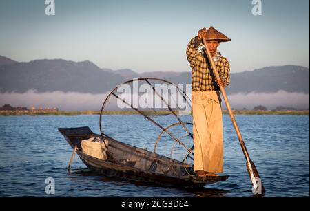 Lake, Inle, Myanmar, 17th November 2014: lake Inle fishermen fishing in early ours of a day during surise
