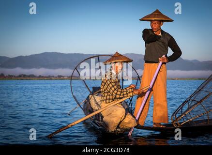 Lake, Inle, Myanmar, 17th November 2014: lake Inle fishermen fishing in early ours of a day during surise