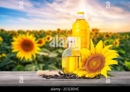 Bottles of sunflower oil with seeds and flower on wooden table against background of field with sunflowers Stock Photo