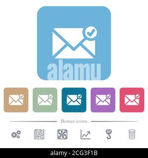 Mail sent white flat icons on color rounded square backgrounds. 6 bonus icons included Stock Vector