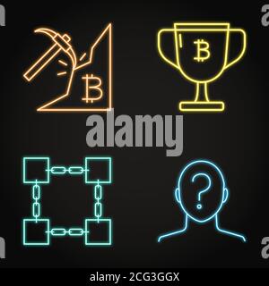 Neon cryptocurrency icon set in line style. Bitcoin mining, block reward, blockchain and anonymity symbols. Vector illustration. Stock Vector