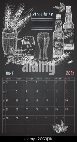 2021 Page of wall vintage calendar planner. June month. Week starts on Monday. Alcohol bar theme. Fresh beer cocktails Retro poster Place to write Stock Vector