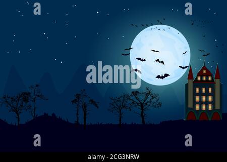 Halloween background with copy space. Spooky forest with dead trees, moon, bat and house. Halloween night landscape scenery. Stock vector illustration Stock Vector