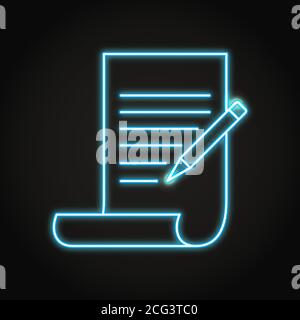 Copywriting icon in neon line style. Creative writing concept. Paper and pencil symbol. Vector illustration. Stock Vector