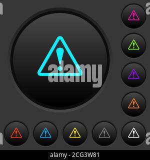 Triangle shaped warning sign dark push buttons with vivid color icons on dark grey background Stock Vector