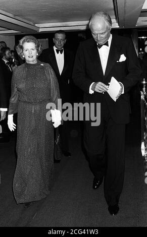 Sir James Goldsmith arrives at the Savoy Hotel in London with guest of honour Prime Minister Margaret Thatcher for the 'Now!' magazine first anniversary dinner, of which he is the proprietor and founder.   * 19/7/97 Anglo-French entrepreneur Sir James Goldsmith died of a heart attack in Spain last night after falling ill with cancer it was announced.  Sir James first suffered pancreatic cancer in 1985 which recurred, but was kept secret, during his leadership of the Referendum Party in the campaign for Britain's general election on May 1. Stock Photo