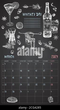 2021 Page of wall vintage calendar planner. March month. Week starts on Monday. Alcohol bar theme. Wiskey day cocktails Retro poster Place to write Stock Vector