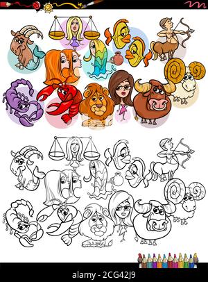 Cartoon Illustration of Funny Zodiac Signs Characters Group Coloring Book Page Stock Vector