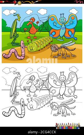 Cartoon Illustration of Funny Insects and Bugs Animal Characters Group Coloring Book Page Stock Vector