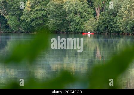 Kayaker on Fort Yargo Lake at Fort Yargo State Park in Winder, Georgia. (USA) Stock Photo