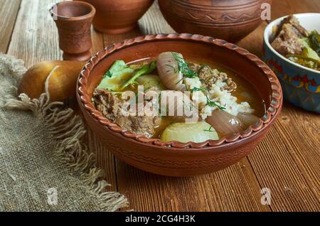 Powsowdie Scottish sheep's-head broth in Edinburgh, Scotland. Stock Photo