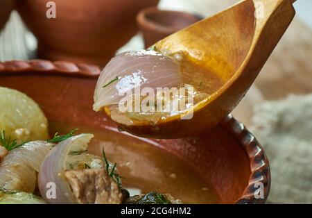 Powsowdie Scottish sheep's-head broth in Edinburgh, Scotland. Stock Photo