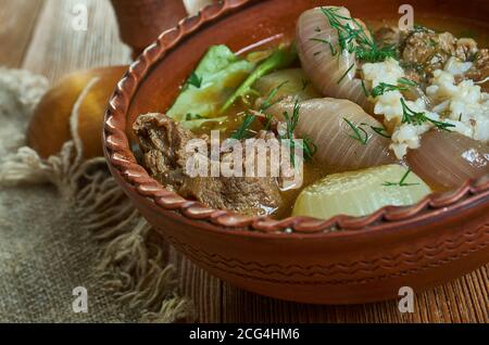 Powsowdie Scottish sheep's-head broth in Edinburgh, Scotland. Stock Photo