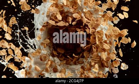 Freeze motion of rotating cereal pieces with milk splash, isolated on black background. Flying food concept, healthy eating. Stock Photo