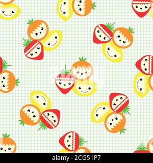 Cute kawaii fruit seamless vector pattern background. Happy laughing groups of cartoon strawberries, oranges lemons on gingham backdrop. Fun Stock Vector