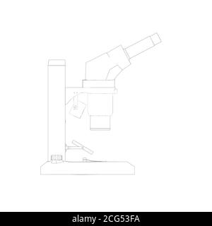 Microscope outline from black lines isolated on white background. Desktop microscope. Side view. Vector illustration Stock Vector