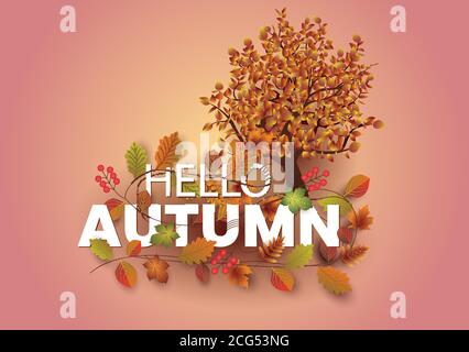 hello autumn stylish lettering with autumn leaves and tree. vector illustration. Stock Vector