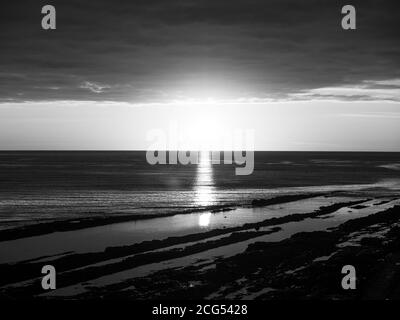 Black and White Landscape, Sunset North Sea, Castle Sands Beach, St Andrews, Fife, Scotland, UK, GB.