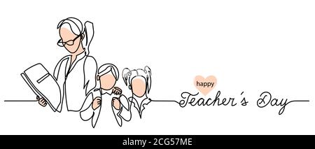 Teachers day background with children and woman illustration. Simple vector web banner. One continuous line drawing with lettering happy Teachers day Stock Vector