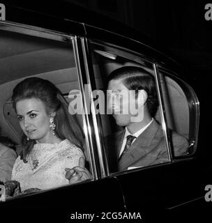 Prince Charles, The Prince of Wales, leaving the fortune Theatre, London, by car after attending a performance of David Storey's play 'The Contractor'. Seated next to the Prince is Lucia Santa Cruz, daughter of the Chilean Ambassador. Stock Photo