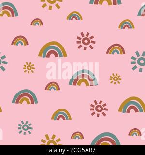 rainbows and suns seamless vector pattern on pink Stock Vector
