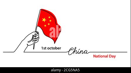 China National Day background with chinese flag and hand. Simple vector web banner. One continuous line drawing with lettering China Stock Vector