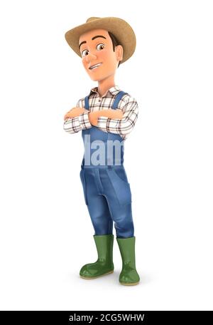 3d farmer standing with arms crossed, illustration with isolated white background Stock Photo