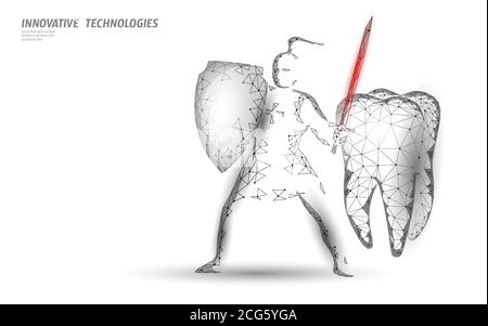 Low poly tooth protection medical concept. Cavity prevent shield toothpaste. Enamel reconstruction healthcare. Polygonal healthy dentistry procedure Stock Vector